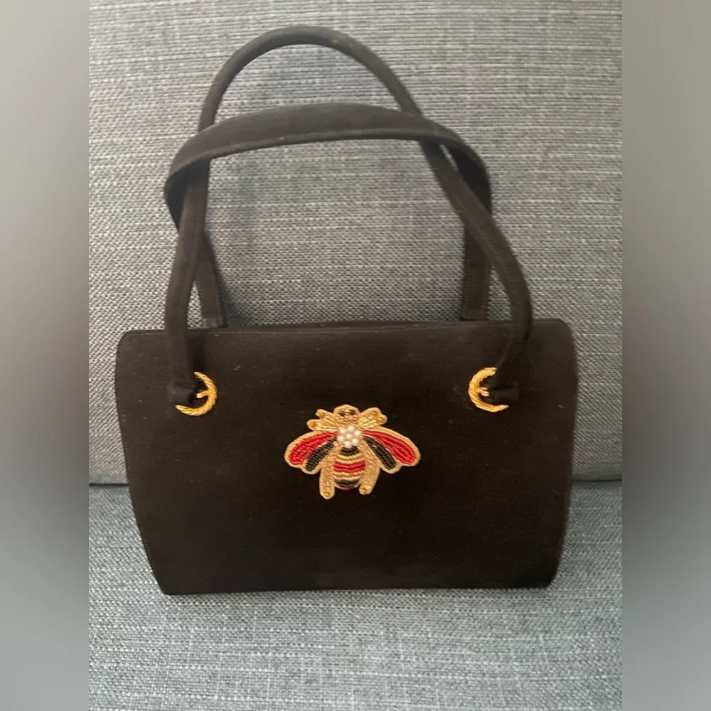 Vintage 2 Pieces Black Suede Leather Top Handle Handbag Gold Hardware Bee Accent - Picture 1 of 16